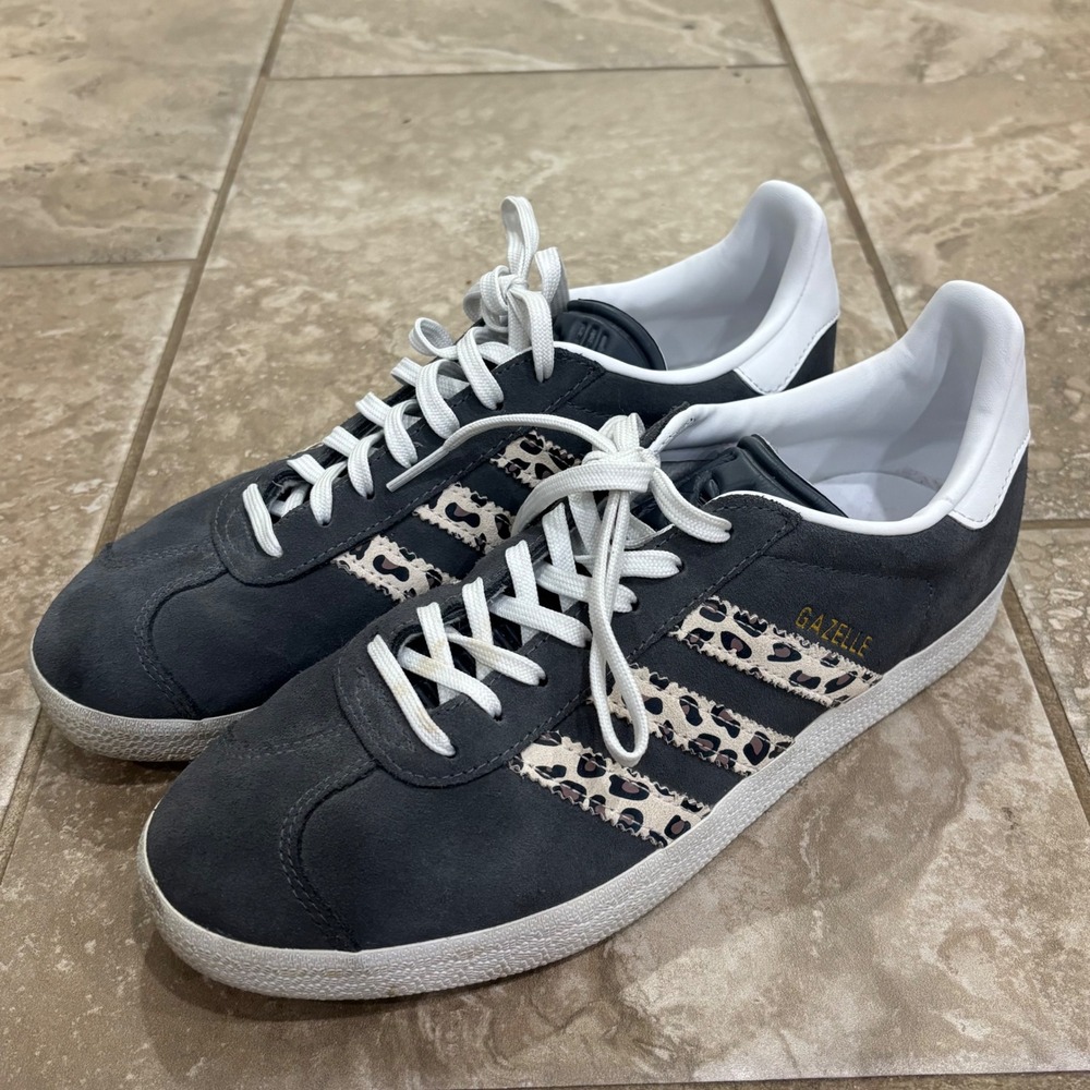 Adidas Gazelle‎ Charcoal Grey Leopard Print Suede Sneakers IG0360 Womens 9